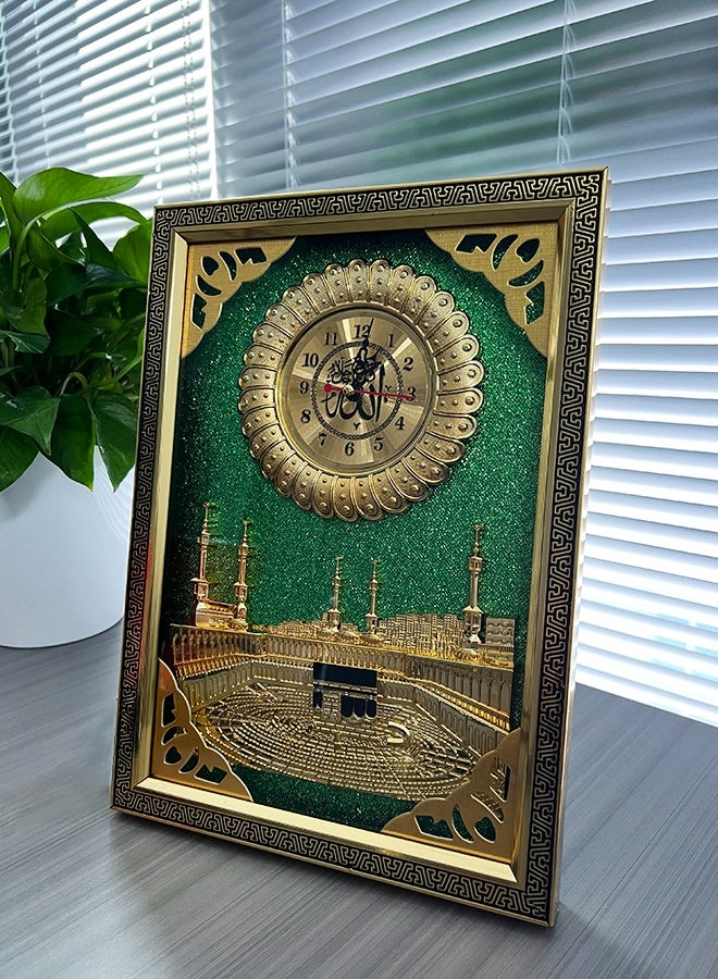 سعيد ساعة حائط مكة المكرمة الإسلامية بديكور ثلاثي الأبعاد للمسجد باللون الذهبي والخلفية الخضراء - Image 5