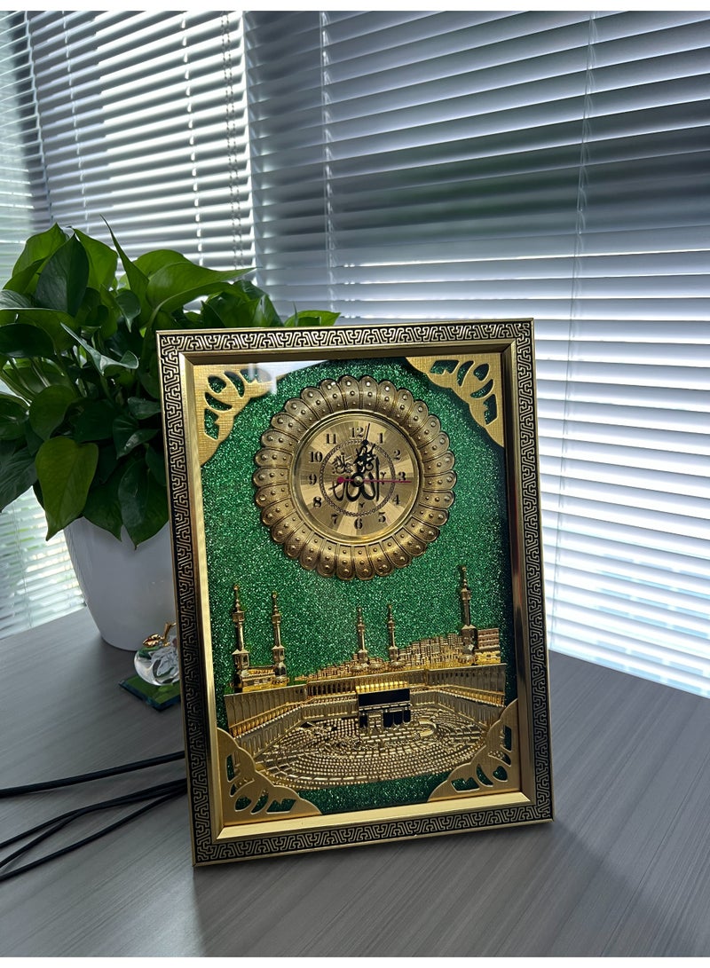 سعيد ساعة حائط مكة المكرمة الإسلامية بديكور ثلاثي الأبعاد للمسجد باللون الذهبي والخلفية الخضراء - Image 2