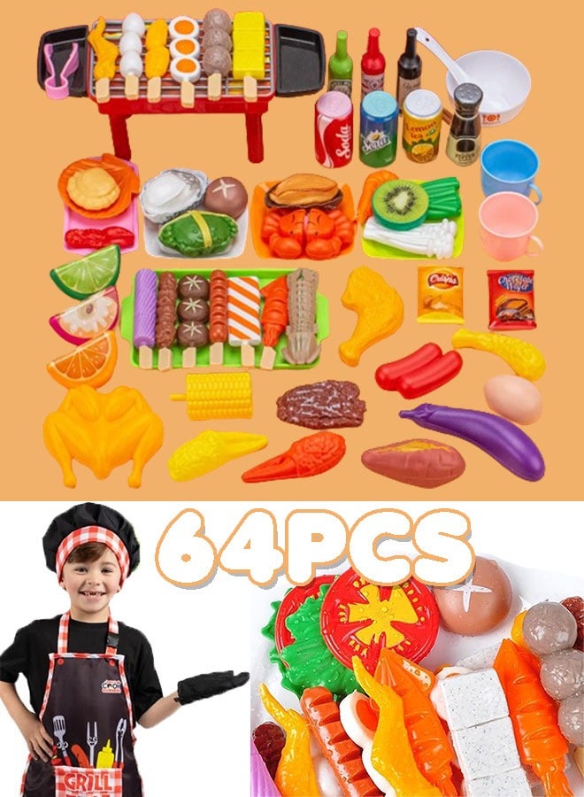 Pretend Play Food Set, Children Simulation Barbecue Toy Set Cookware and Cooking Food Role Play Educational Play House Toys 64pcs - Image 1