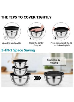 TeamFar TeamFar Mixing Bowls, 4.6/3 / 1.5 QT, Stainless Steel Nesting Salad Bowls with Airtight Lids Set, For Serving/Mixing/Storing, Healthy & Long-lasting, Dishwasher Safe & Easy Clean, Black  - Image 4
