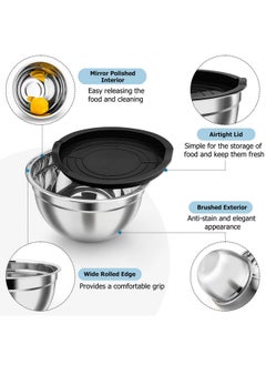 TeamFar TeamFar Mixing Bowls, 4.6/3 / 1.5 QT, Stainless Steel Nesting Salad Bowls with Airtight Lids Set, For Serving/Mixing/Storing, Healthy & Long-lasting, Dishwasher Safe & Easy Clean, Black  - Image 3