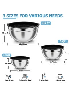 TeamFar TeamFar Mixing Bowls, 4.6/3 / 1.5 QT, Stainless Steel Nesting Salad Bowls with Airtight Lids Set, For Serving/Mixing/Storing, Healthy & Long-lasting, Dishwasher Safe & Easy Clean, Black  - Image 2