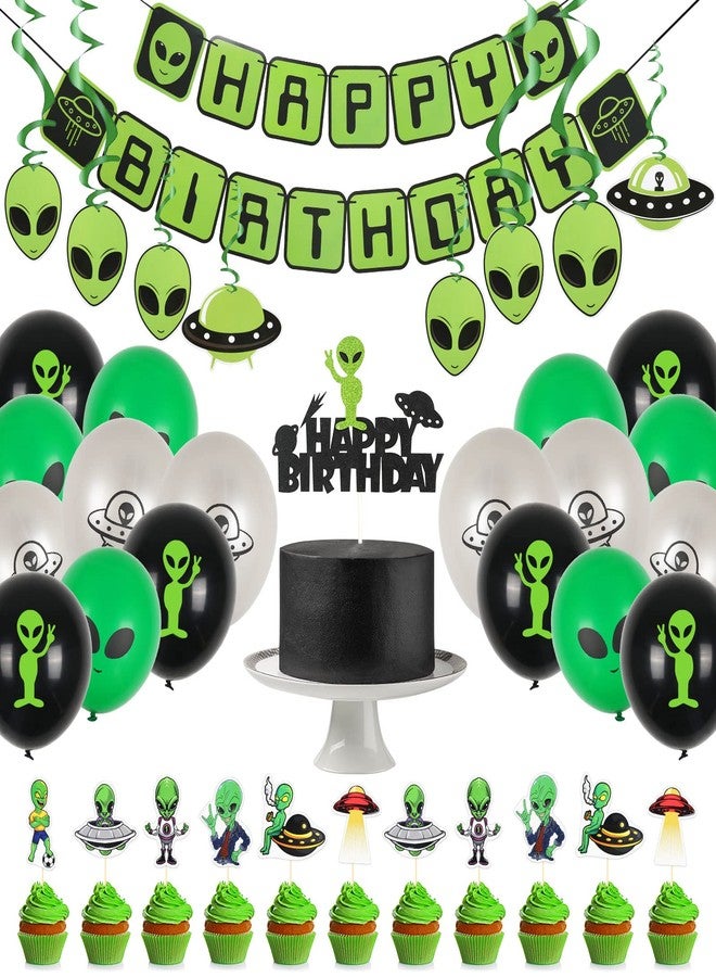 Whaline Halloween Alien Birthday Party Decorations Include Alien Balloons Happy Birthday Banners, Assorted Cupcake & Cake Toppers Hanging Spirals for UFO Outer Space Saucer Party Decor, 53Pcs - Image 1