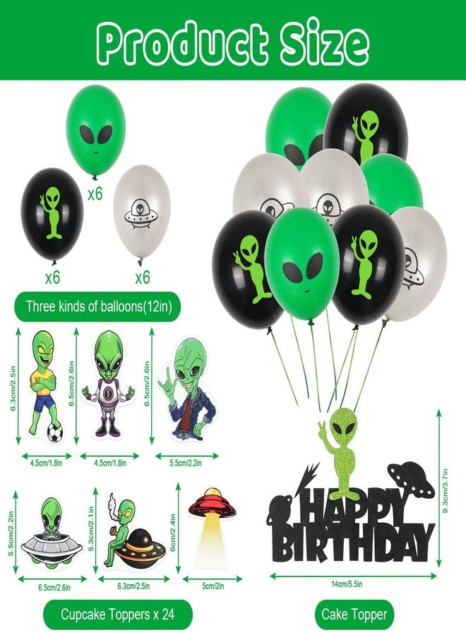 Whaline Halloween Alien Birthday Party Decorations Include Alien Balloons Happy Birthday Banners, Assorted Cupcake & Cake Toppers Hanging Spirals for UFO Outer Space Saucer Party Decor, 53Pcs - Image 3