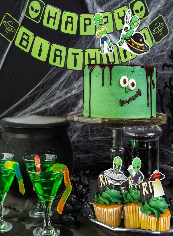 Whaline Halloween Alien Birthday Party Decorations Include Alien Balloons Happy Birthday Banners, Assorted Cupcake & Cake Toppers Hanging Spirals for UFO Outer Space Saucer Party Decor, 53Pcs - Image 4