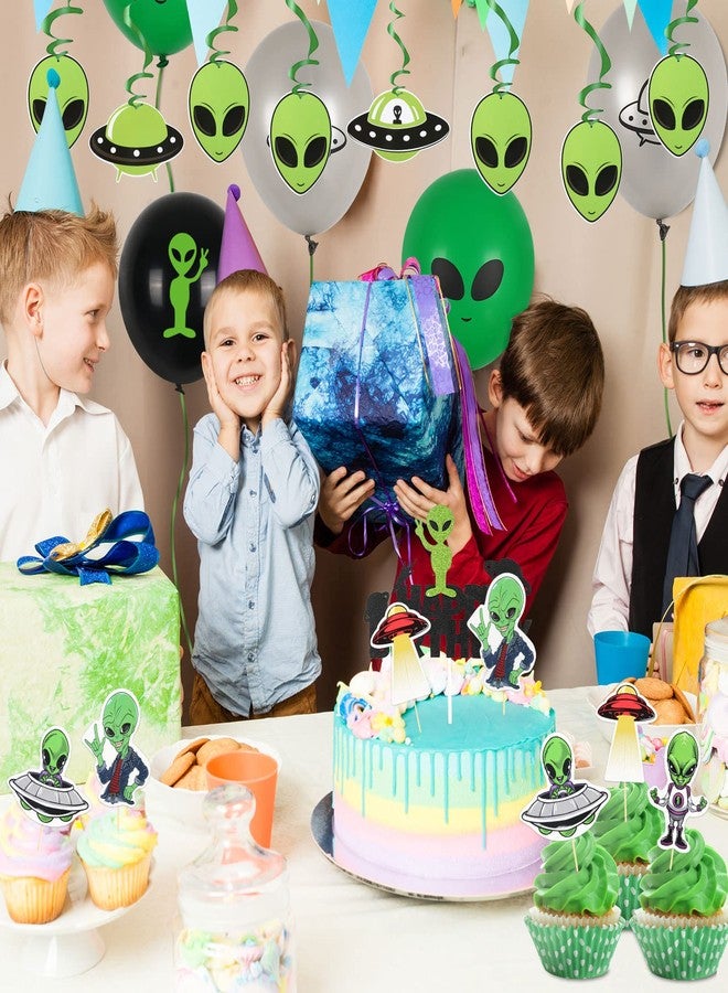 Whaline Halloween Alien Birthday Party Decorations Include Alien Balloons Happy Birthday Banners, Assorted Cupcake & Cake Toppers Hanging Spirals for UFO Outer Space Saucer Party Decor, 53Pcs - Image 5