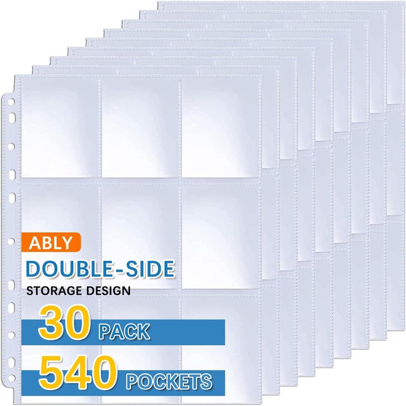 ABLY 540 Pockets Double-Sided Trading Card Pages Sleeves 9-Pocket Clear Plastic Game Card Protectors for Skylanders, Pokemon, Baseball Cards and More, Fit 3 Ring Binder (30 Pages) - Image 1
