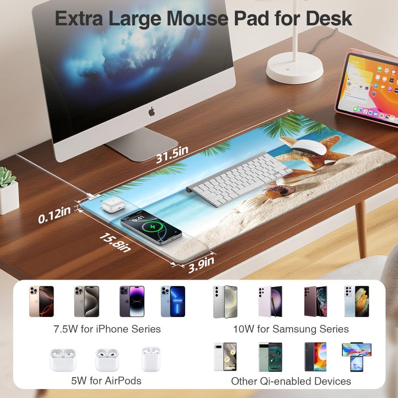 abc.mat Wireless Charging Mouse Pad, 31.5"x15.8" Large Gaming Desk Mat for Keyboard/Laptop, Waterproof Ultra-Smooth Surface, Non-Slip Base, with 20W PD Adapter, Summer Beach - Image 3