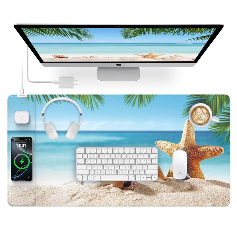abc.mat Wireless Charging Mouse Pad, 31.5"x15.8" Large Gaming Desk Mat for Keyboard/Laptop, Waterproof Ultra-Smooth Surface, Non-Slip Base, with 20W PD Adapter, Summer Beach - Image 1