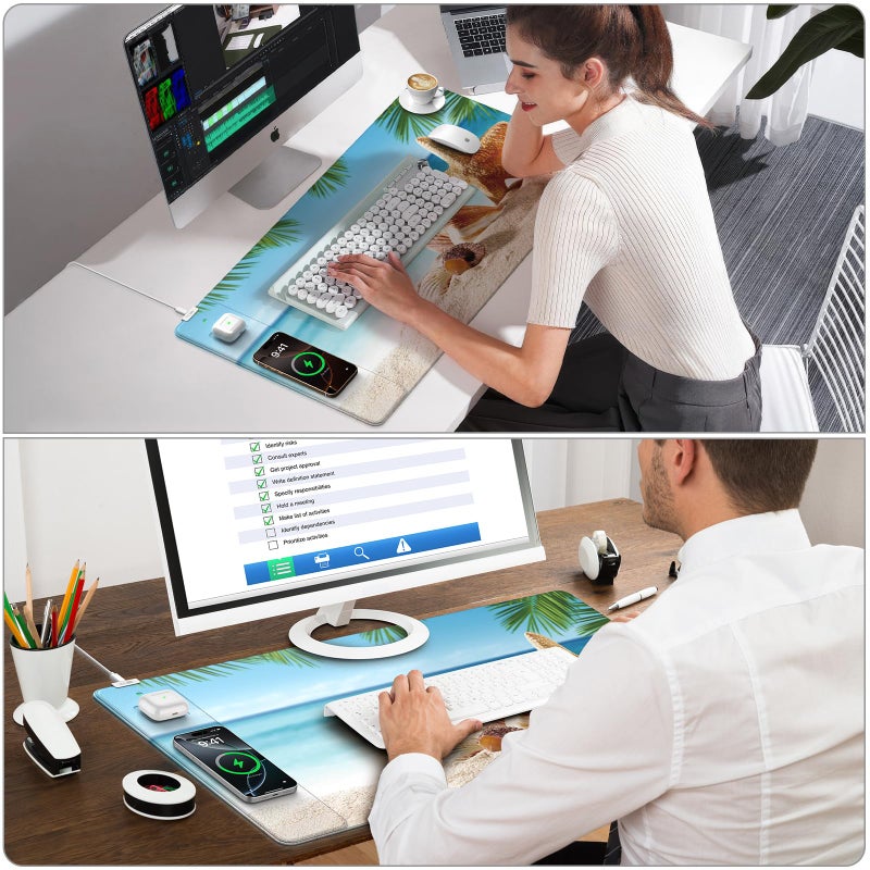 abc.mat Wireless Charging Mouse Pad, 31.5"x15.8" Large Gaming Desk Mat for Keyboard/Laptop, Waterproof Ultra-Smooth Surface, Non-Slip Base, with 20W PD Adapter, Summer Beach - Image 4
