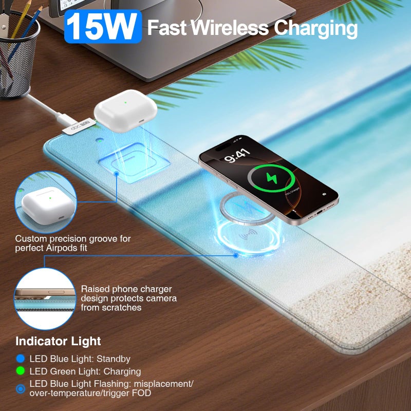 abc.mat Wireless Charging Mouse Pad, 31.5"x15.8" Large Gaming Desk Mat for Keyboard/Laptop, Waterproof Ultra-Smooth Surface, Non-Slip Base, with 20W PD Adapter, Summer Beach - Image 2