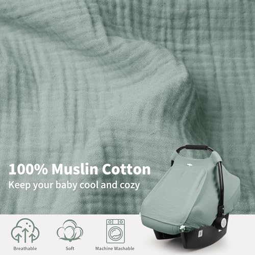 Rquite Car Seat Cover Baby Carseat Covers Girl Boy Breathable Muslin Cotton Large Mesh Window Infant Car Seat Canopy Baby Carrier Cover Stroller Sun Shade for Summer Hot Day Green - Image 3
