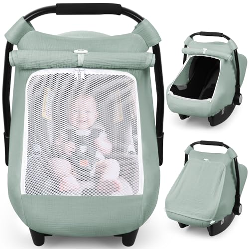 Rquite Car Seat Cover Baby Carseat Covers Girl Boy Breathable Muslin Cotton Large Mesh Window Infant Car Seat Canopy Baby Carrier Cover Stroller Sun Shade for Summer Hot Day Green - Image 1