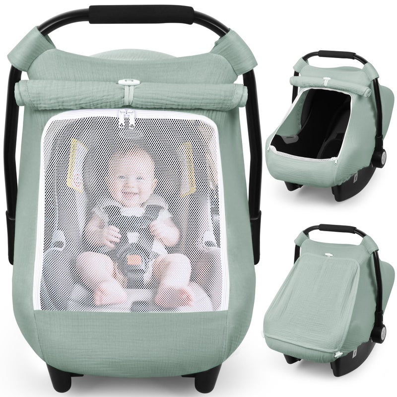 Rquite Car Seat Cover Baby Carseat Covers Girl Boy Breathable Muslin Cotton Large Mesh Window Infant Car Seat Canopy Baby Carrier Cover Stroller Sun Shade for Summer Hot Day Green - Image 2