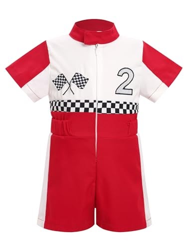OBEEII Baby Boys 2nd Birthday Outfit Toddler Race Car Driver Romper Two Year Old Kids First Birthday Cake Smash Photoshoot Jumpsuit Party One Piece Clothes Checkered Racer Outfit Red-2Y 18-24 Months - Image 1