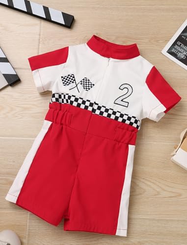 OBEEII Baby Boys 2nd Birthday Outfit Toddler Race Car Driver Romper Two Year Old Kids First Birthday Cake Smash Photoshoot Jumpsuit Party One Piece Clothes Checkered Racer Outfit Red-2Y 18-24 Months - Image 4