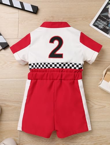 OBEEII Baby Boys 2nd Birthday Outfit Toddler Race Car Driver Romper Two Year Old Kids First Birthday Cake Smash Photoshoot Jumpsuit Party One Piece Clothes Checkered Racer Outfit Red-2Y 18-24 Months - Image 3