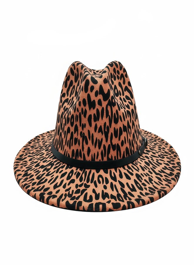 OHEETU Unisex Leopard Print Fedora Hat Wide Brim Felt Trilby Panama Church Derby Cap with Belt Buckle (Khaki) - Image 1