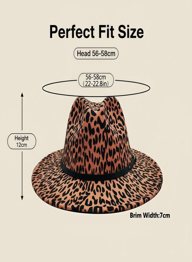 OHEETU Unisex Leopard Print Fedora Hat Wide Brim Felt Trilby Panama Church Derby Cap with Belt Buckle (Khaki) - Image 3