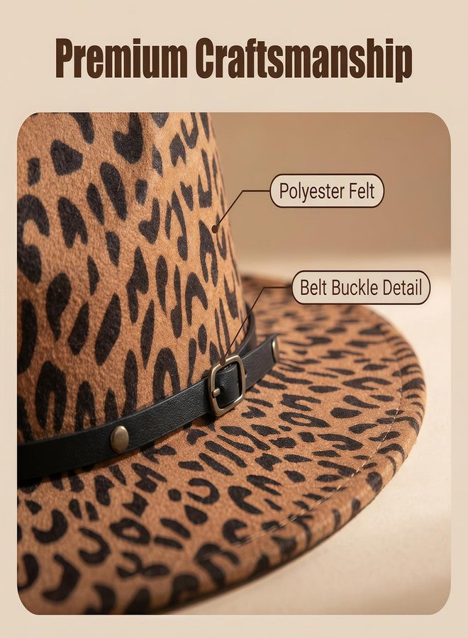 OHEETU Unisex Leopard Print Fedora Hat Wide Brim Felt Trilby Panama Church Derby Cap with Belt Buckle (Khaki) - Image 2