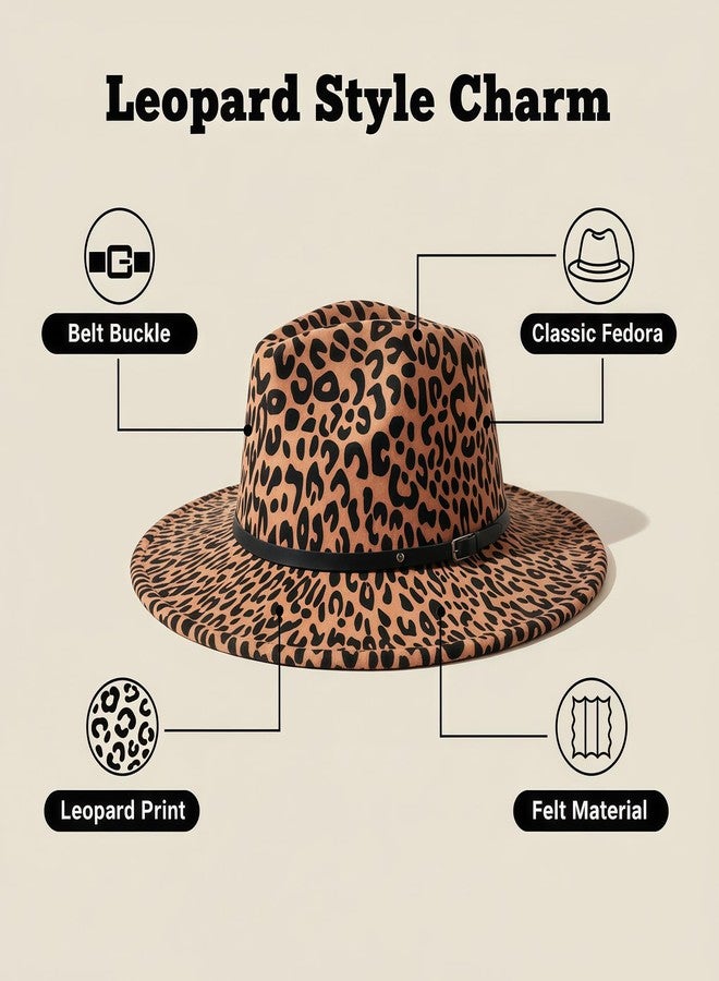 OHEETU Unisex Leopard Print Fedora Hat Wide Brim Felt Trilby Panama Church Derby Cap with Belt Buckle (Khaki) - Image 4