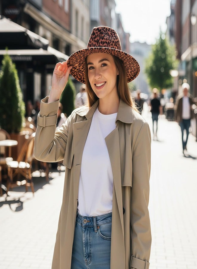 OHEETU Unisex Leopard Print Fedora Hat Wide Brim Felt Trilby Panama Church Derby Cap with Belt Buckle (Khaki) - Image 5