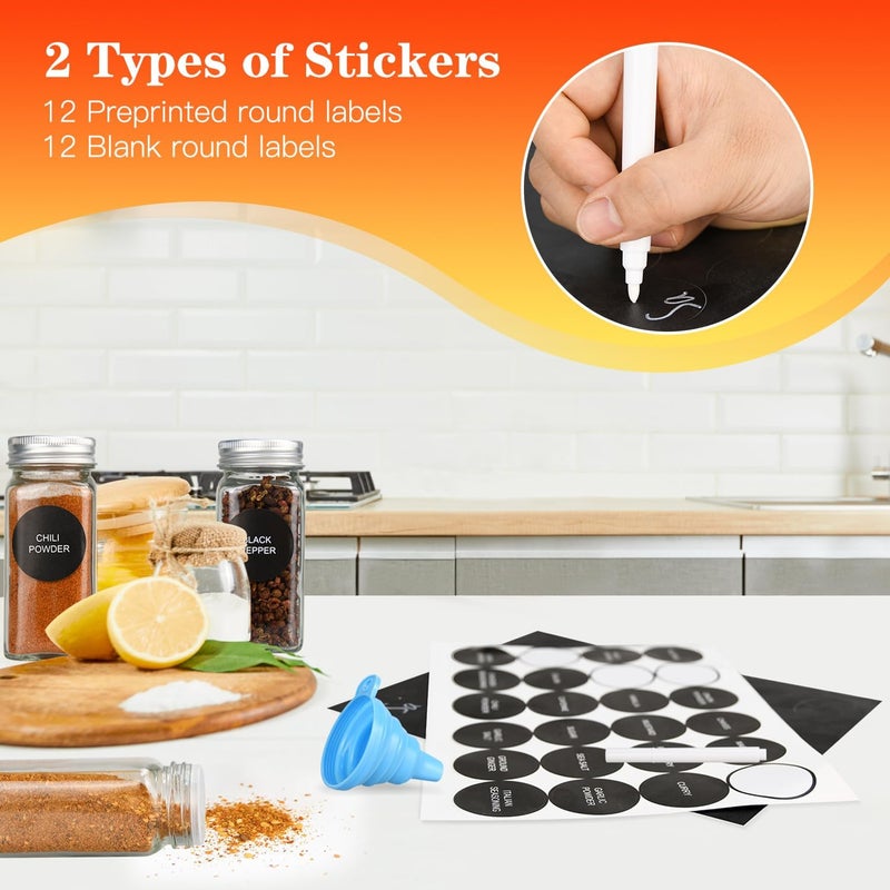 DkOvn 12pcs Glass Spice Jars, 4oz Empty Spice Jars with Metal Caps, Labels, Shaker Lids, Collapsible Funnel, Chalk Pen, Seasoning Organizer for Spice Rack - Image 4