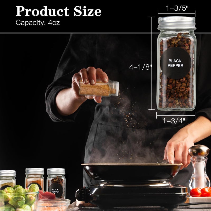 DkOvn 12pcs Glass Spice Jars, 4oz Empty Spice Jars with Metal Caps, Labels, Shaker Lids, Collapsible Funnel, Chalk Pen, Seasoning Organizer for Spice Rack - Image 2