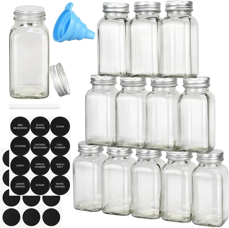 DkOvn 12pcs Glass Spice Jars, 4oz Empty Spice Jars with Metal Caps, Labels, Shaker Lids, Collapsible Funnel, Chalk Pen, Seasoning Organizer for Spice Rack - Image 1