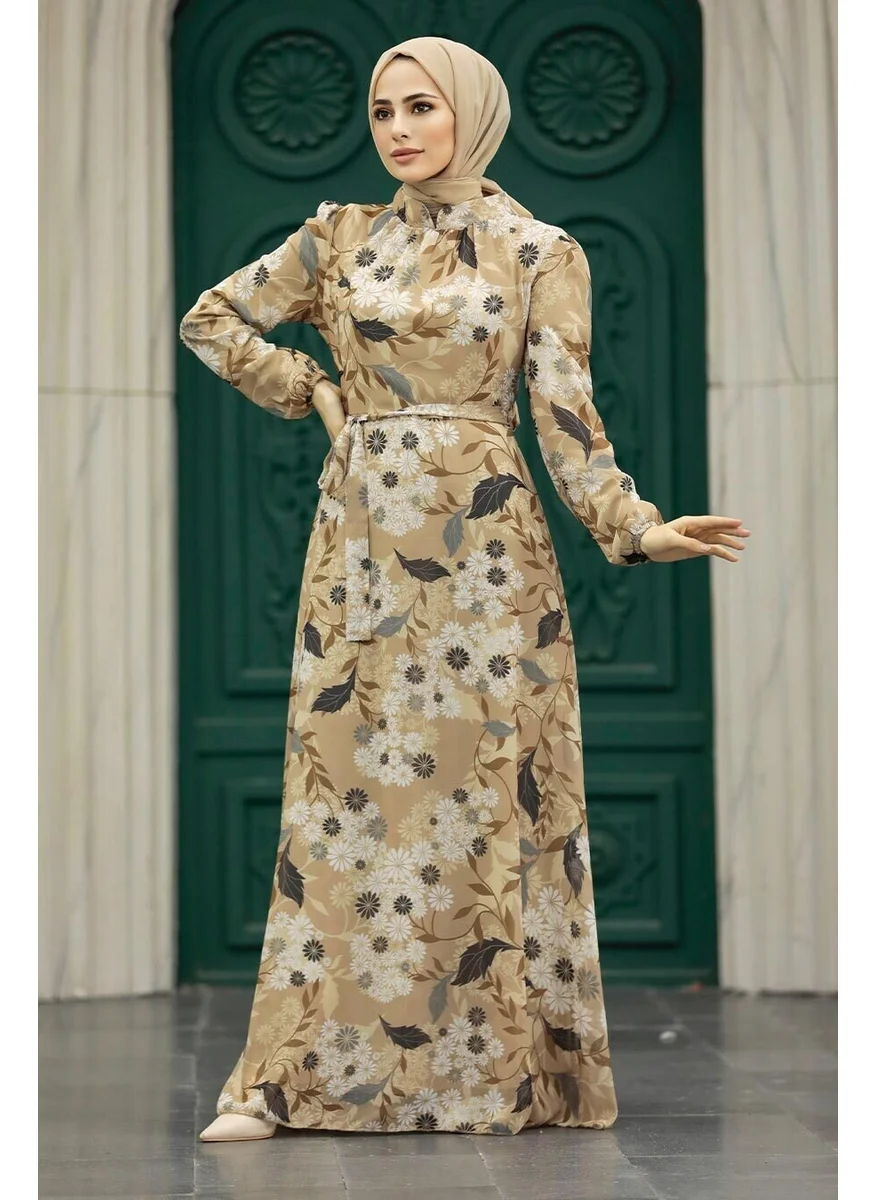 Neva Style - Floral Patterned Biscuit Hijab Dress 27950BS