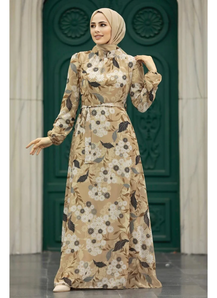 Neva Style - Floral Patterned Biscuit Hijab Dress 27950BS