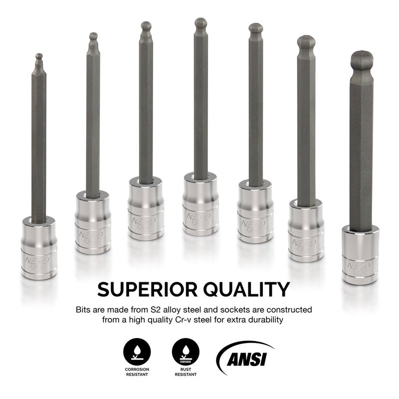 Neiko 10243A 3/8-Inch-Drive Extra-Long Ball-End Hex-Bit Socket Set, Metric Sockets 3/8" or 3 to 10 mm, S2 Steel, 7-Piece Set - Image 2