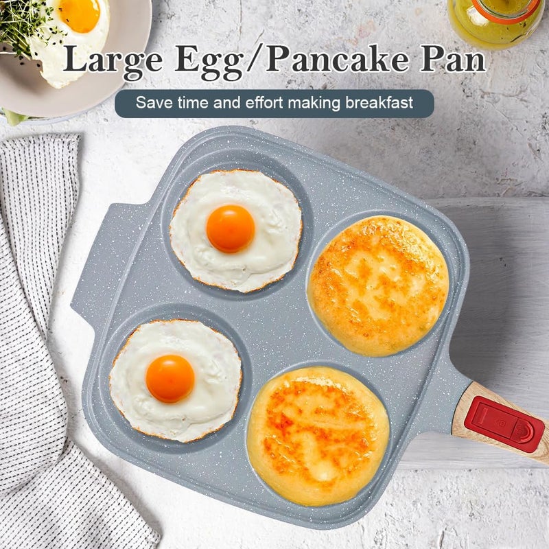 RANX INGST 10 inch Large Egg Pan with Lid, 4-Cup Ceramic Egg Frying Pan Nonstick Omelette Skillet with Detachable Handle Induction Compatible - Blue - Image 3