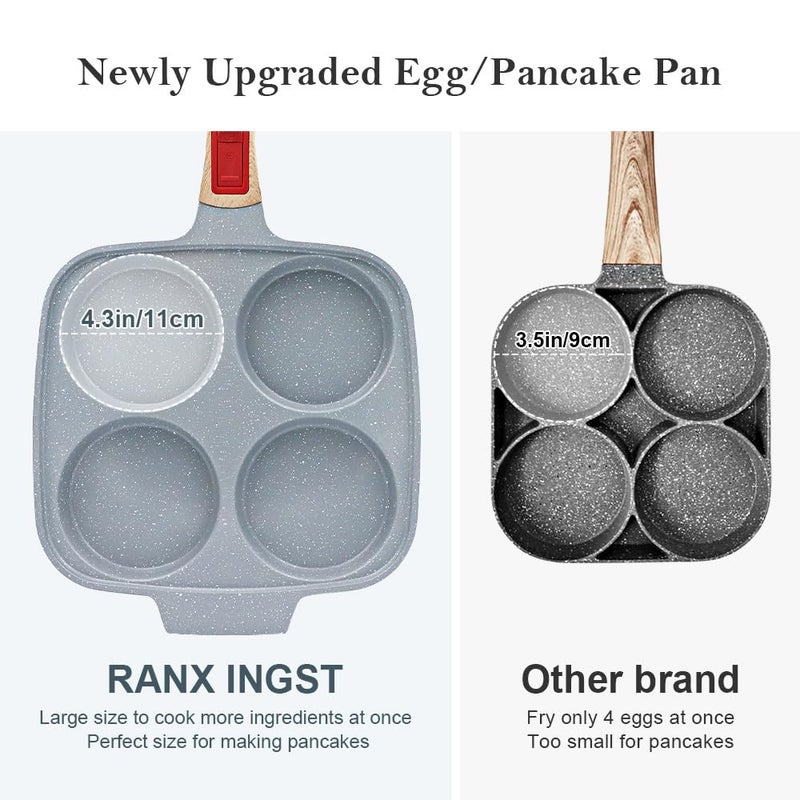 RANX INGST 10 inch Large Egg Pan with Lid, 4-Cup Ceramic Egg Frying Pan Nonstick Omelette Skillet with Detachable Handle Induction Compatible - Blue - Image 2