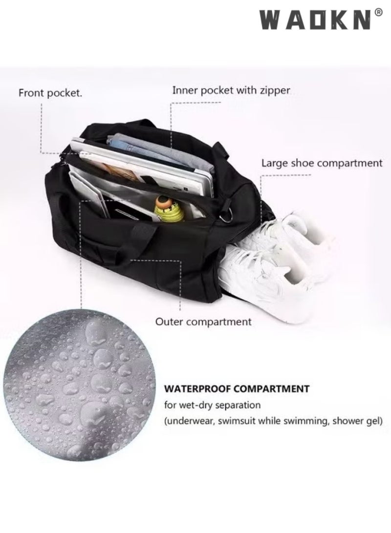 WAOKN Sports Gym Bag for Men Women，Travel Duffel Bag with Shoes Compartment and Wet Pocket for Plane，Sport Gym Tote Bags Swimming Yoga,Waterproof Weekend Overnight Bag Carry on Bag,Gym Bag Dry Wet Separated, Waterproof Sport Duffle Bag with Shoes Compartment for Sport, Yoga, Travel, Fitness, Overnight Weekend with Shoulder Strap (Black)  - Image 3