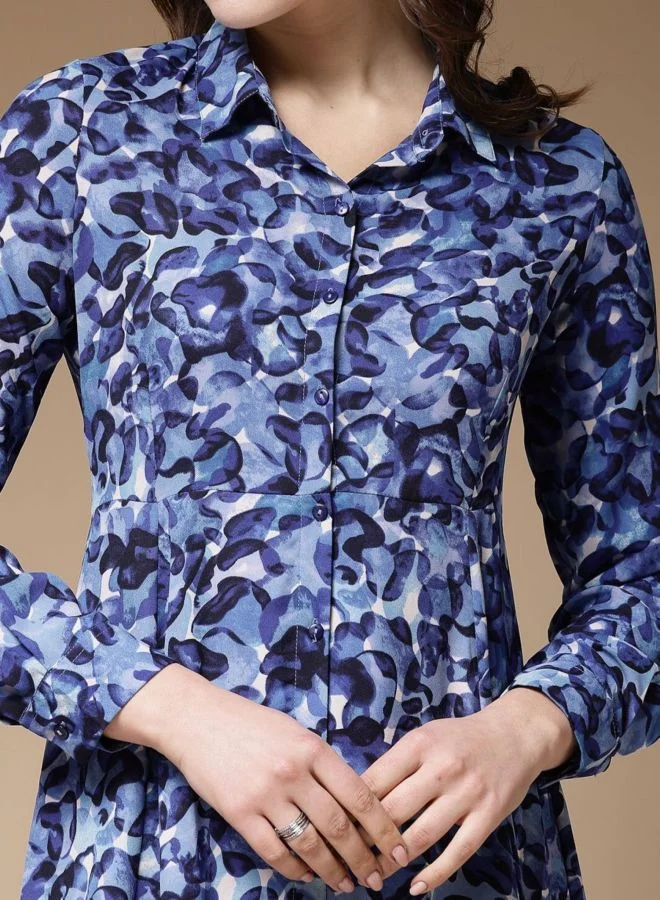 Freehand  Women Regular Fit Abstract Printed Round Neck Long Sleeve Shirt Dress for Women | Best Price UAE