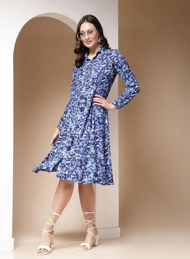 Freehand  Women Regular Fit Abstract Printed Round Neck Long Sleeve Shirt Dress for Women | Best Price UAE