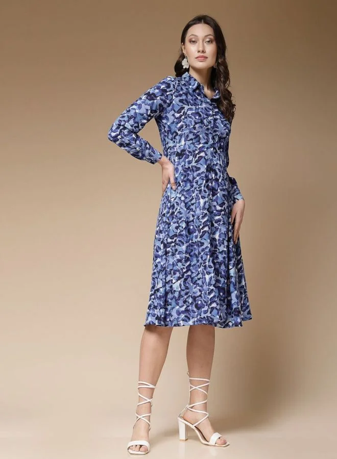 Freehand  Women Regular Fit Abstract Printed Round Neck Long Sleeve Shirt Dress for Women | Best Price UAE