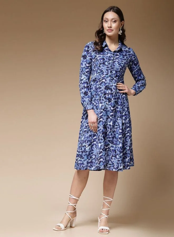 Women Regular Fit Abstract Printed Round Neck Long Sleeve Shirt Dress