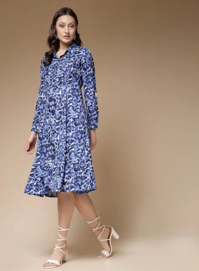 Freehand  Women Regular Fit Abstract Printed Round Neck Long Sleeve Shirt Dress for Women | Best Price UAE