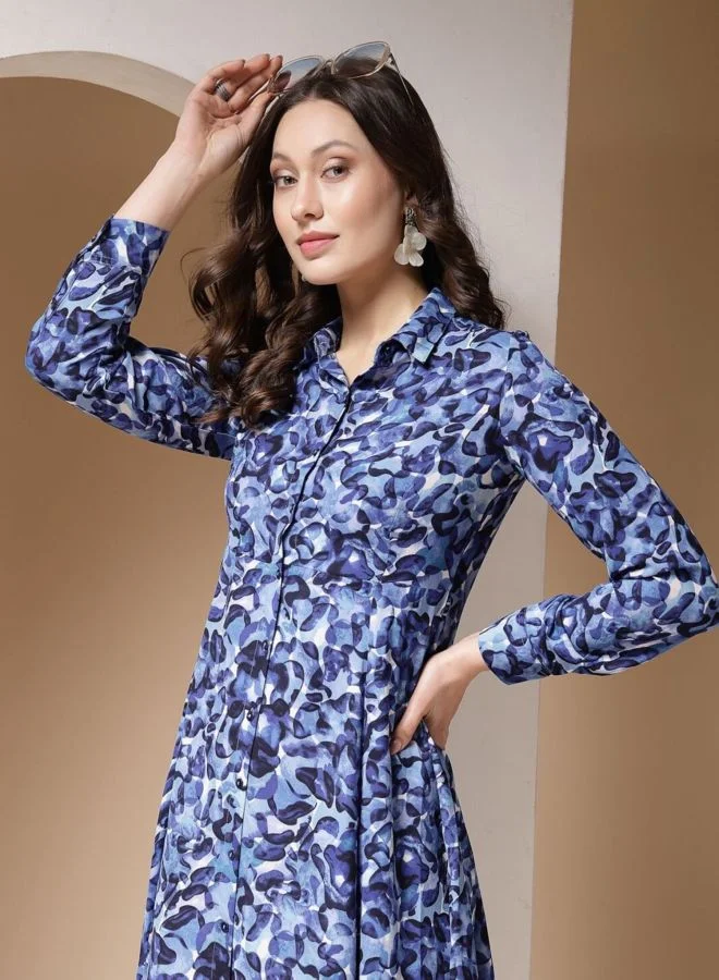 Freehand  Women Regular Fit Abstract Printed Round Neck Long Sleeve Shirt Dress for Women | Best Price UAE