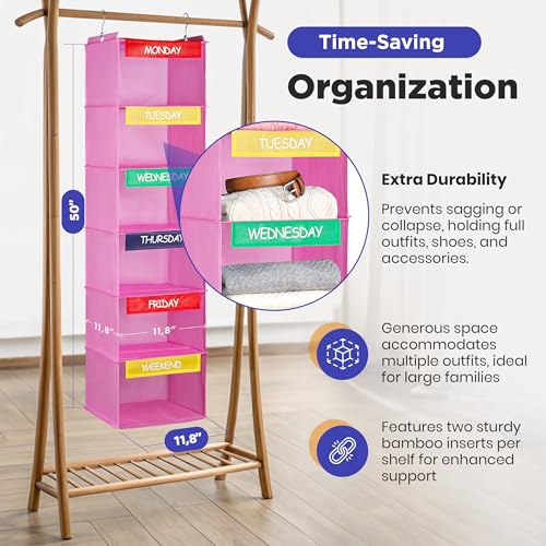 Handy Laundry Hanging Clothes Organizer for Kids - 6-Shelf Closet Daily Clothing Organization Labeled Shelves with Days of The Week Monday Through Friday, Weekday and Weekend (Pink) - Image 2