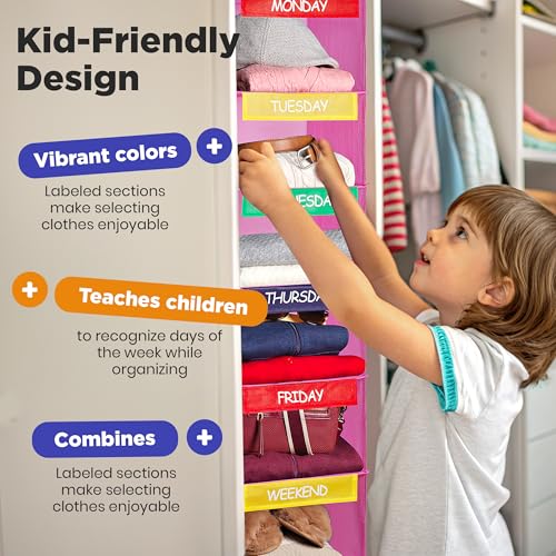 Handy Laundry Hanging Clothes Organizer for Kids - 6-Shelf Closet Daily Clothing Organization Labeled Shelves with Days of The Week Monday Through Friday, Weekday and Weekend (Pink) - Image 4