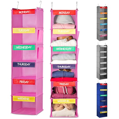 Handy Laundry Hanging Clothes Organizer for Kids - 6-Shelf Closet Daily Clothing Organization Labeled Shelves with Days of The Week Monday Through Friday, Weekday and Weekend (Pink) - Image 1