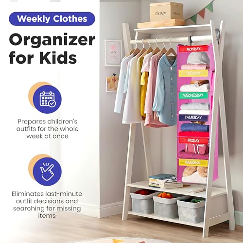 Handy Laundry Hanging Clothes Organizer for Kids - 6-Shelf Closet Daily Clothing Organization Labeled Shelves with Days of The Week Monday Through Friday, Weekday and Weekend (Pink) - Image 3