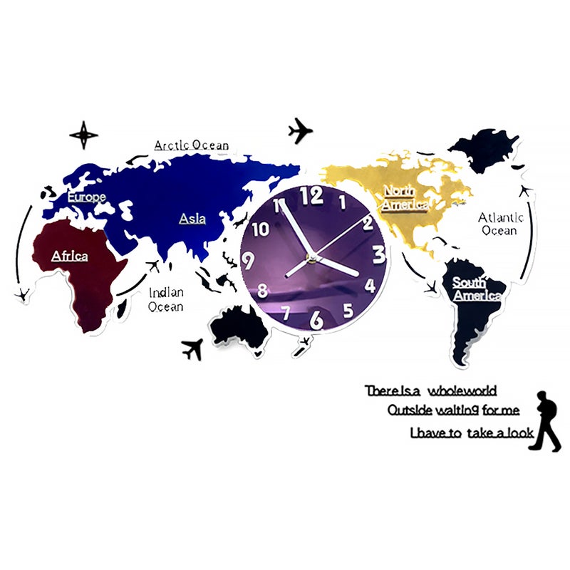 2 Sets Colorful Wall Clock World Map Wall Hanging Clock Home Decor - Image 1