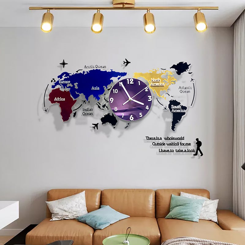 2 Sets Colorful Wall Clock World Map Wall Hanging Clock Home Decor - Image 3