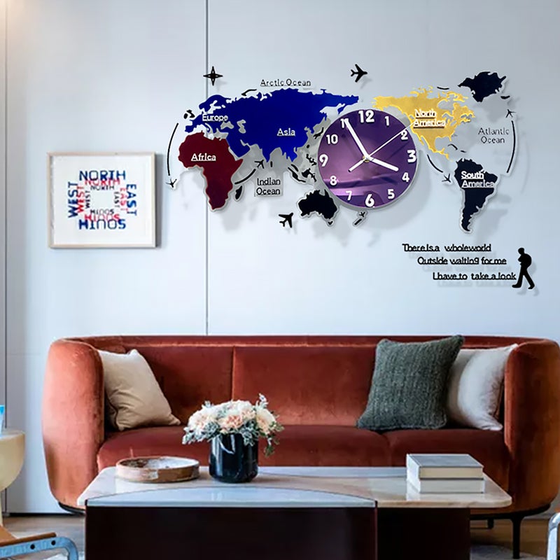 2 Sets Colorful Wall Clock World Map Wall Hanging Clock Home Decor - Image 2