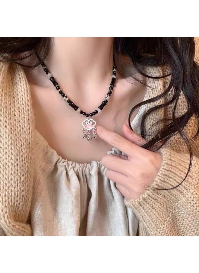 NIBEMINENT New Chinese Style Retro Butterfly Beaded Necklace Women's Zen Ethnic Clavicle Chain Overlapping Wearing All-match High-end Accessories 