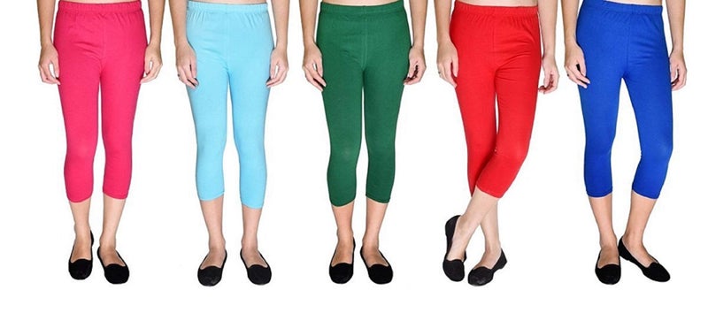 FEELBLUE Premium Cotton Strechable Women's Casual/Gym/Sports 3/4th Capri (Free Size) Combo Pack of 5 (RaniFiroziBgreenRedRoyal) - Image 1